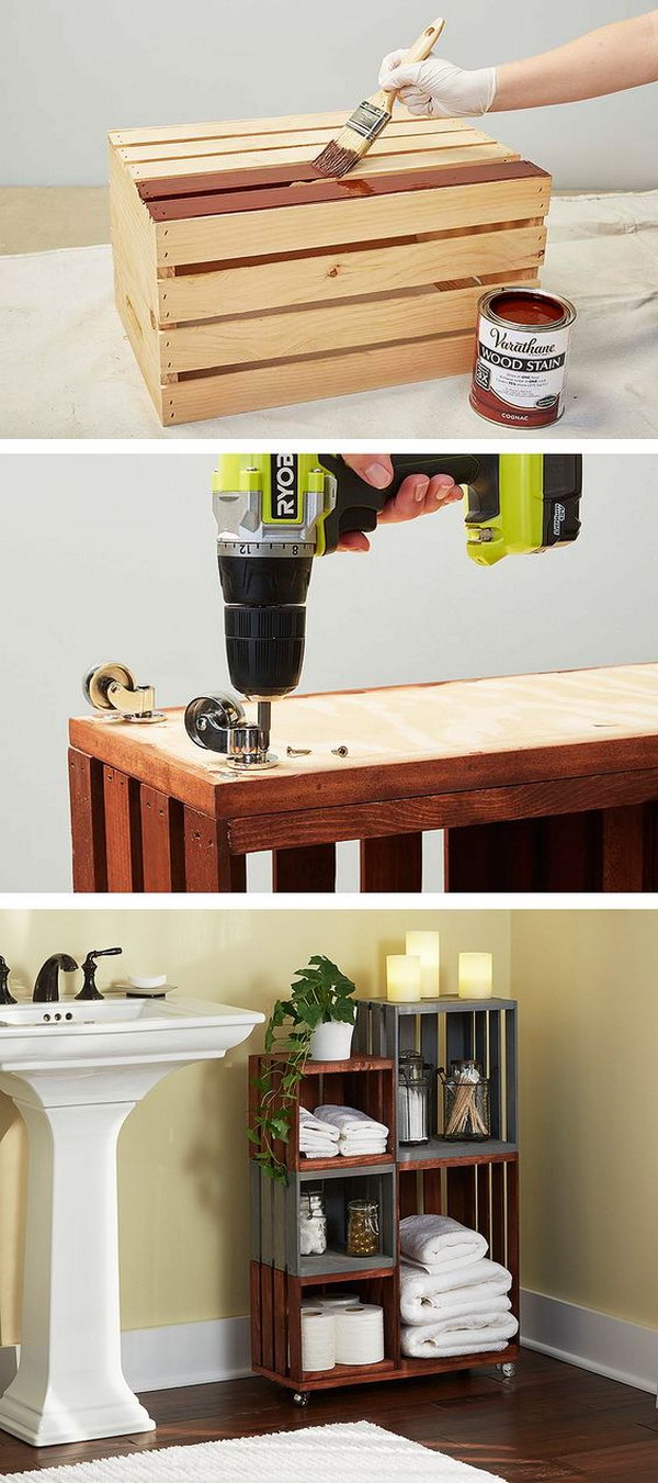 Turn ordinary wooden boxes into cool bathrooms on wheels. 