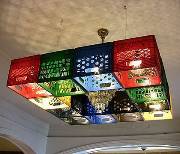 Pixel block style chandelier made from milk crates. 