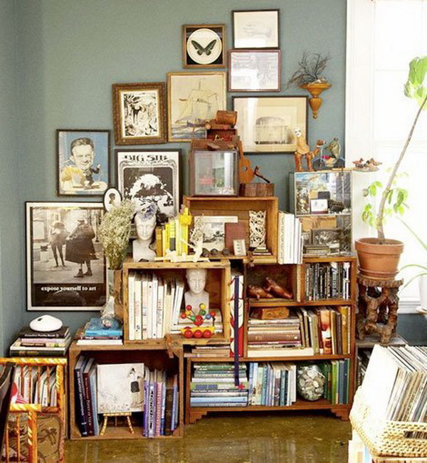 DIY bookcases made from wooden boxes. 