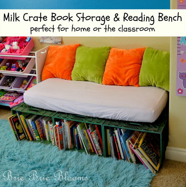The storage and reading bench for milk crate books invites children to sit down with books during the day and is also a perfect place to read a bedtime story every night.  