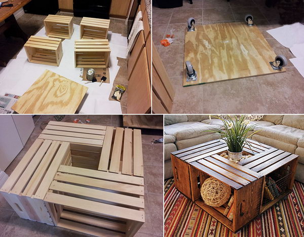 A stylish, rustic and functional DIY coffee table made of four wooden boxes. 