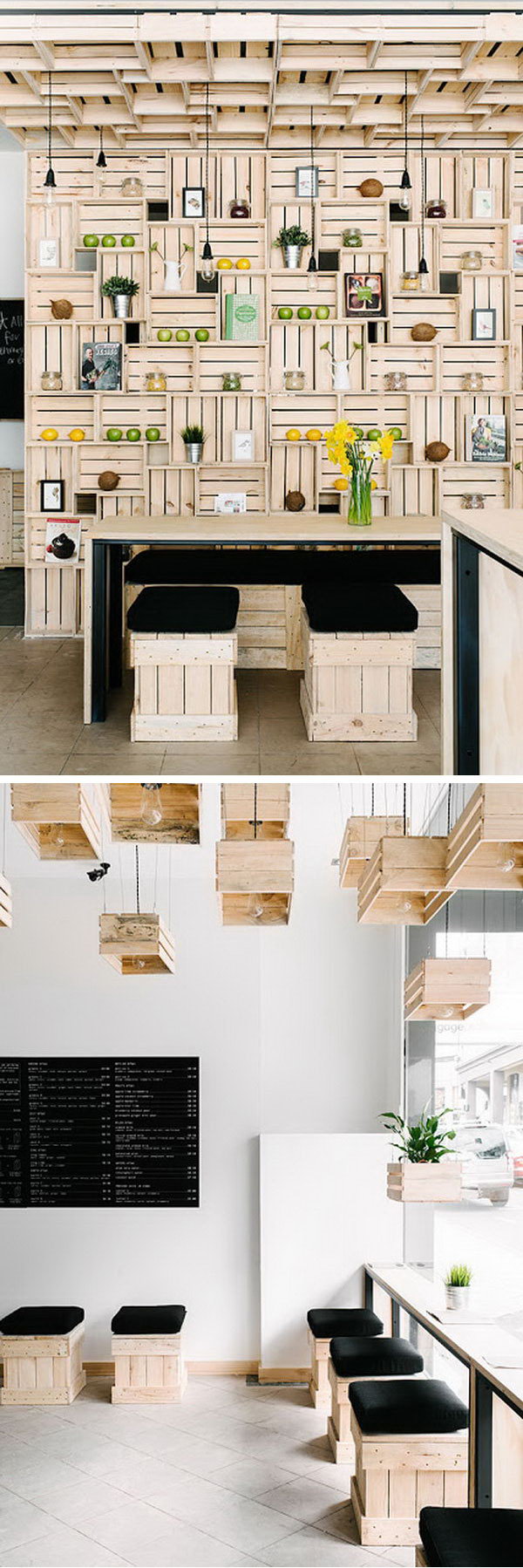 These wooden boxes are used for shelves, stools and even chandeliers for a natural look. 