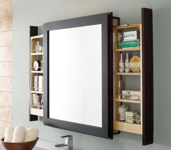 A clever bathroom mirror with pull-out side shelves that allow users to access items without interrupting the view of the mirror.  
