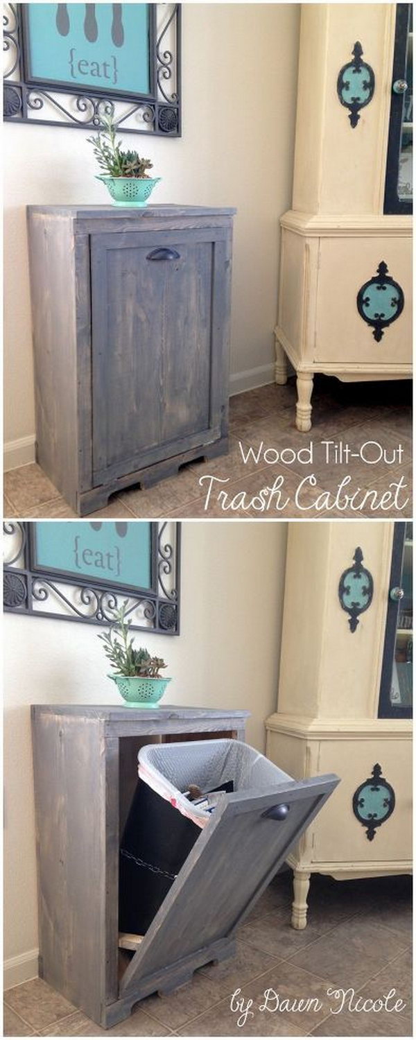 Hide your trash can in style with this cabinet with a hinged door.  