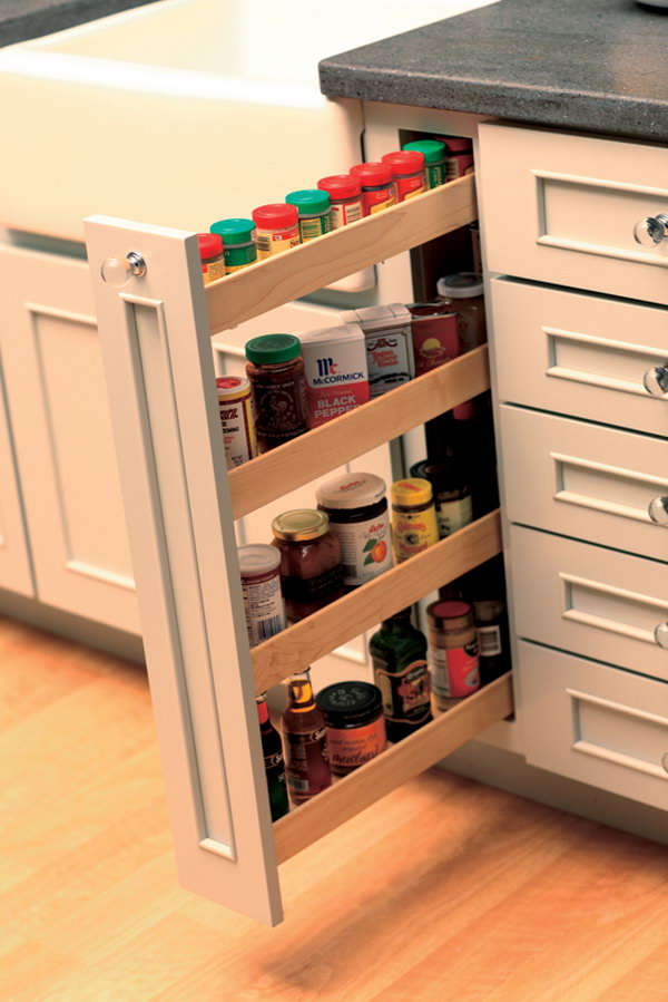 In the kitchen, vertical racks are perfect for storing and organizing spices and other things. They take up little space and fit easily into the kitchen island or closets. 