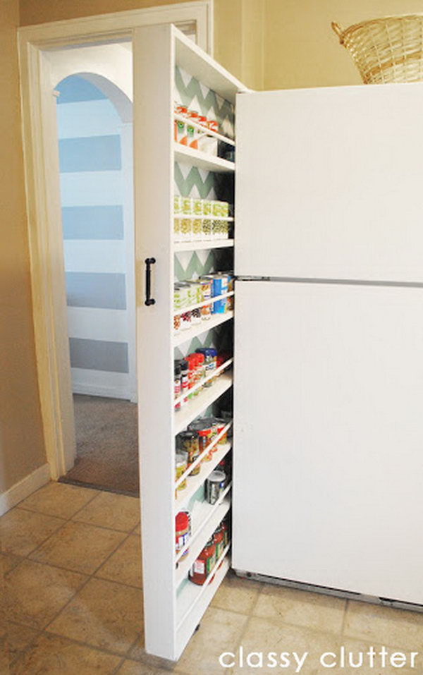 A DIY rolling canned organizer from Classy Clutter. It uses the small space between the wall and the refrigerator. 