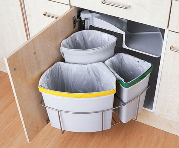 In a small kitchen, the space is always limited. So integrate your trash if you can. Choose a split bin, like this three-piece Swing Eco Bin from Magnet Trade, and recycling or composting will also be a breeze. 