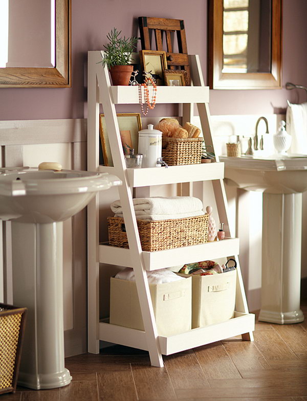This attractive bathroom ladder shelf offers plenty of space for towels, soap, cosmetics and more. You could coordinate this into any color scheme and it would work perfectly. 