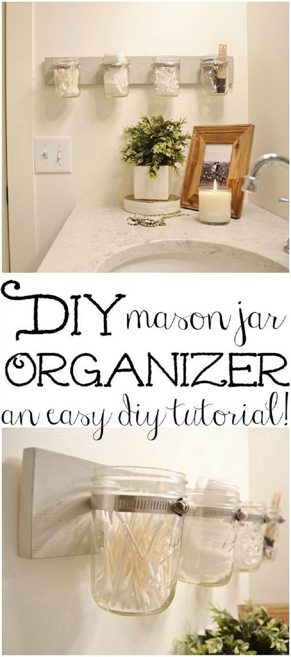 These DIY mason jar holders offer great storage for small things in the bathroom. 