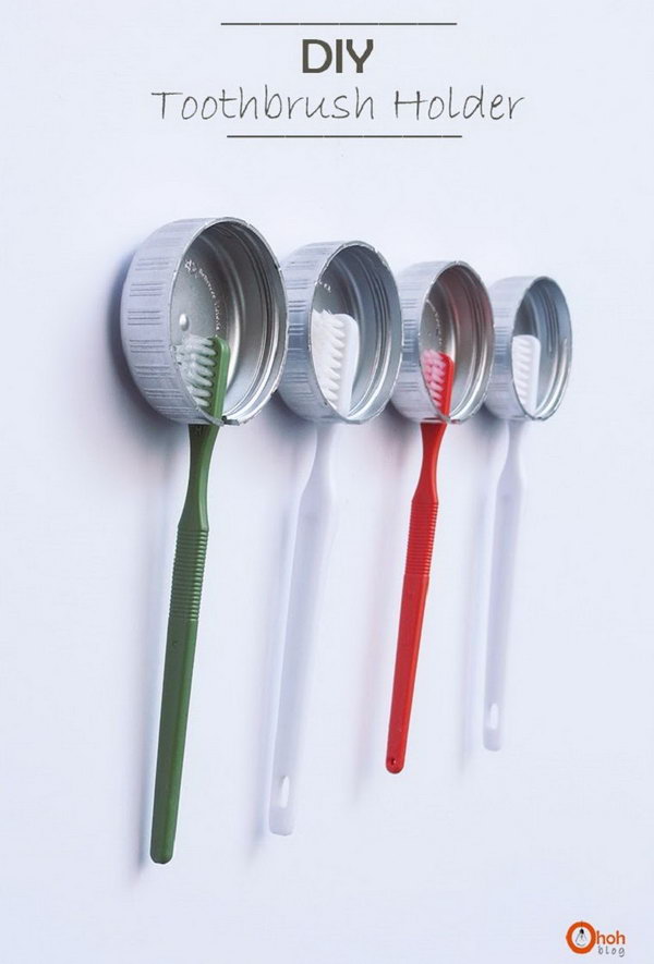 Use these recycled bottle caps to store your toothbrushes. 