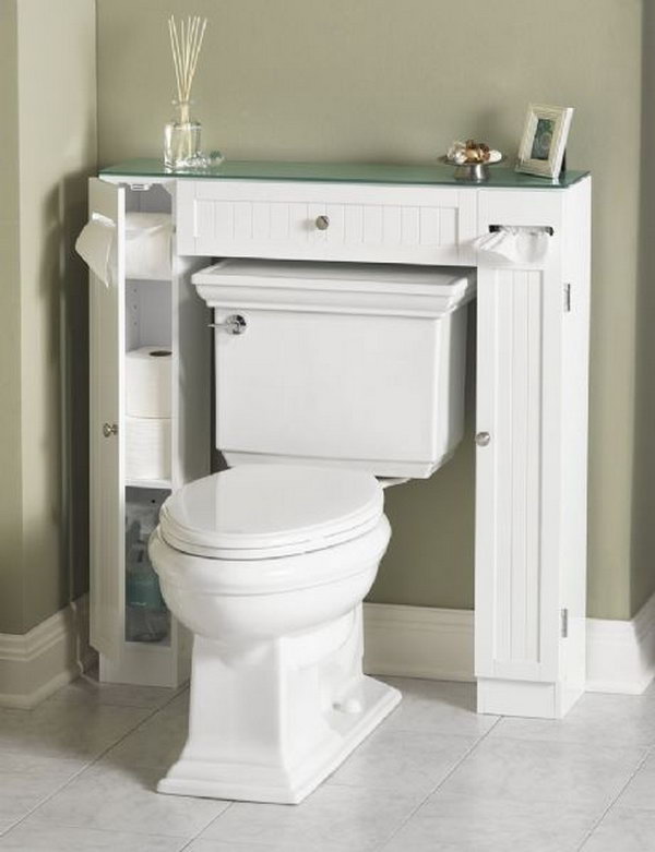 This surrounding toilet cabinet takes up less space than your normal cabinet and ensures everything is organized in your bathroom.  