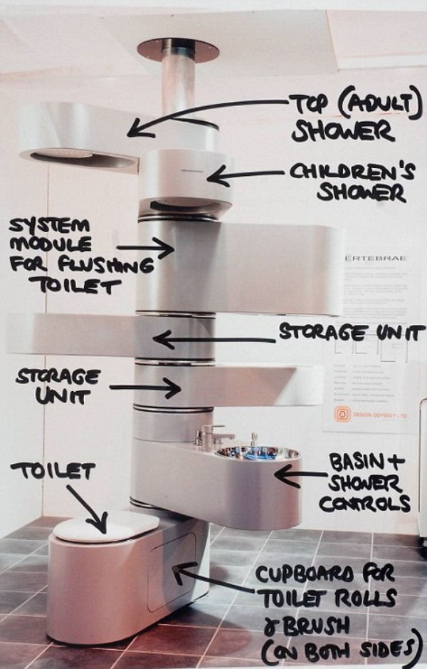 This fascinating but functional and simplified space-saving bathroom was designed to use vertical space instead of horizontal floor by stacking the contents of a bathroom on top of each other. With two built-in showers that both rotate 180 degrees, one is for adults and one for children. 