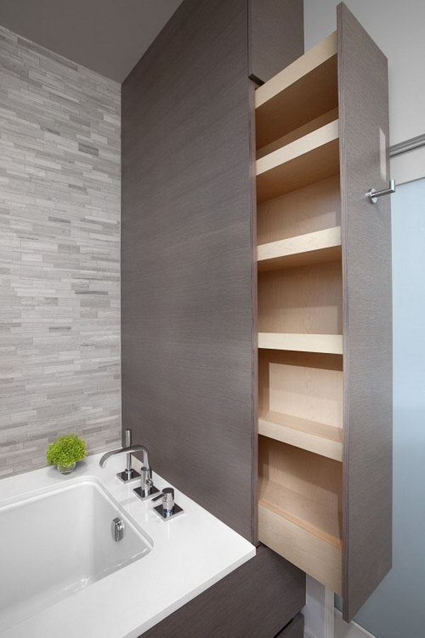 These crawl spaces and corners in a bathroom can be creatively converted into organized storage. 