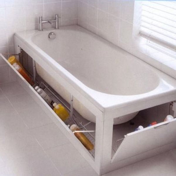 The built-in cabin that surrounds this tub offers enough space for additional cleaning sponges, shampoo and soap. 