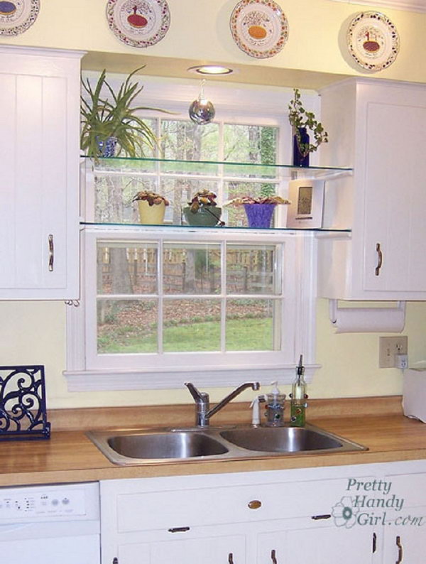 DIY glass shelves in front of the kitchen window, 