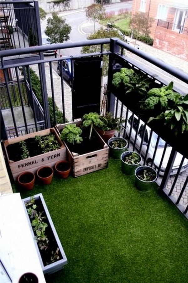 Small balcony on the top floor that was covered with beautiful soft artificial grass and planted salads and fragrant flowers in old fruit boxes. 