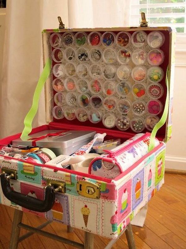 Old suitcase craft supplies holder,