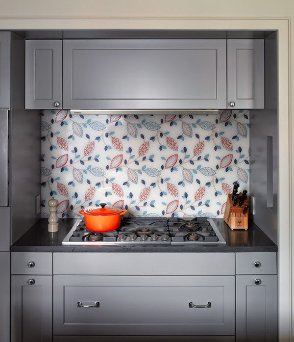 Kitchen glass fabric backsplash. Do not only protect the walls from stains, but also give your kitchen design a decorative touch.