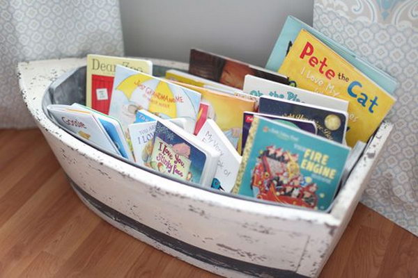 Boat bookcase for nautical boys kindergarten.