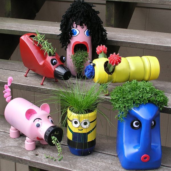 Cute upcycling planters for children. These container gardening ideas are a great way to brighten up your surroundings instantly. Make your home unique and interesting in a different way.