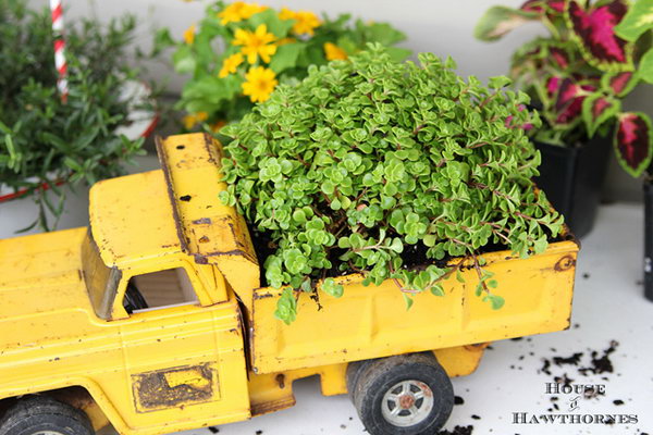 Truck toy gardening. These container gardening ideas are a great way to brighten up your surroundings instantly. Make your home unique and interesting in a different way.