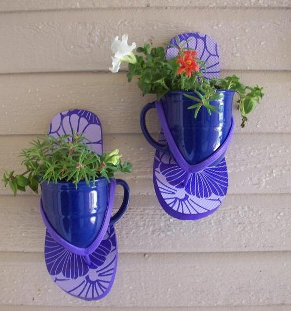 Flip flop flower coffee cup. These container gardening ideas are a great way to brighten up your surroundings instantly. Make your home unique and interesting in a different way.