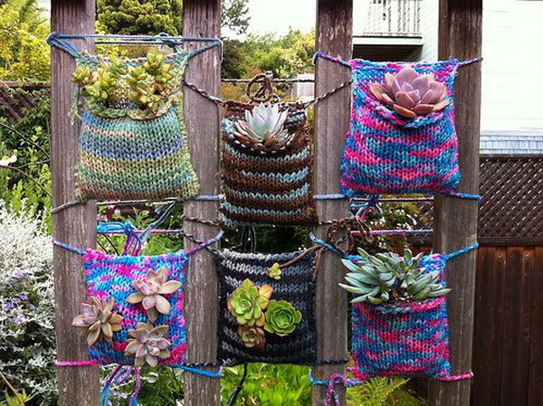 Crochet vertical garden. It allows plants to extend upwards instead of growing along the surface of the garden. Doesn't take up much space and looks so beautiful at the same time.