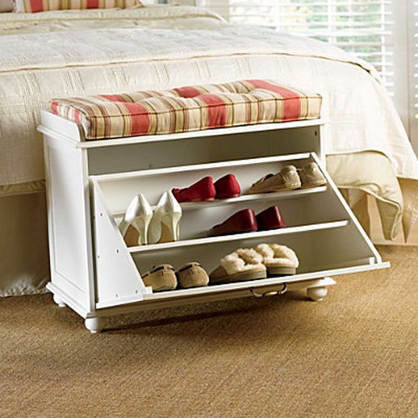 Shoe storage bench. You can keep books, shoes and other items on the bench and sit on them while the supplies are in the compartments.