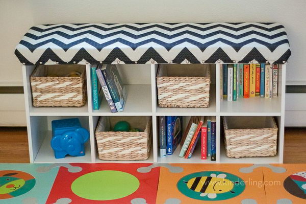 Storage bench for cube shelves. You can keep books, shoes and other items on the bench and sit on them while the supplies are in the compartments.