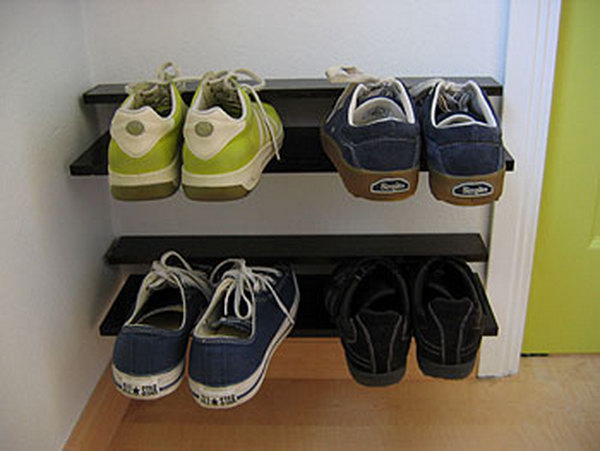 Floating shoe rack with low profile for storage,