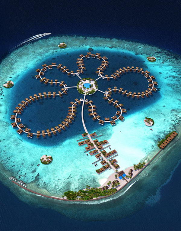 The ocean flower. This hotel is located in the most upscale part of the Maldives, the North Male Atoll, just 20 minutes by boat from the capital, Male, and the international airport. It offers a range of amenities such as a pristine beach, restaurants, shops, a diving center, spa, swimming pools, and small private islands where you can relax or enjoy a picnic in the gentle ocean breeze.