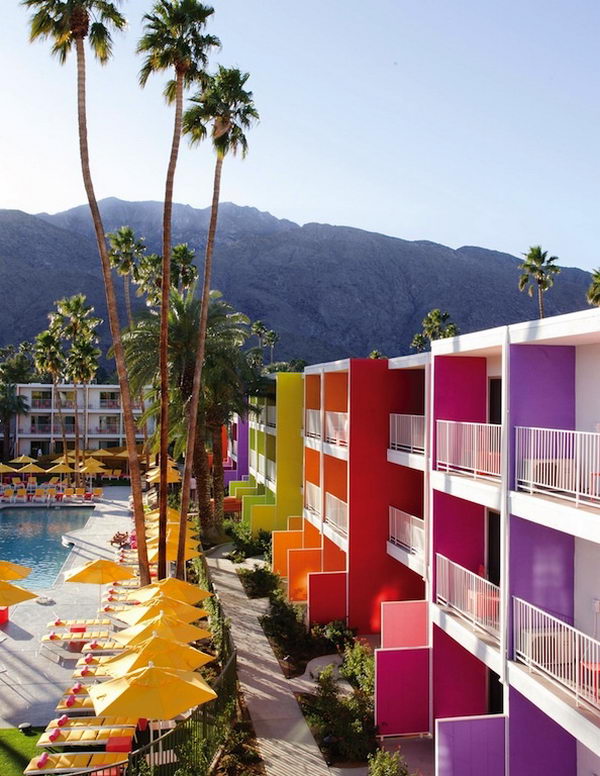 Saguaro Hotel in Palm Springs, California. The Saguaro Hotel is a Technicolor time capsule from the 1950s in the middle of the desert city of Palm Springs in the US state of California. It's colorful and lively inside and out, and an exciting place to stay in an exciting city.