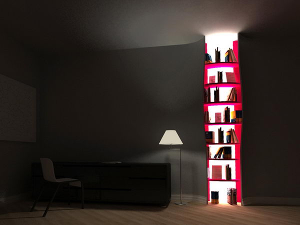 Built-in backlit bookshelves,
