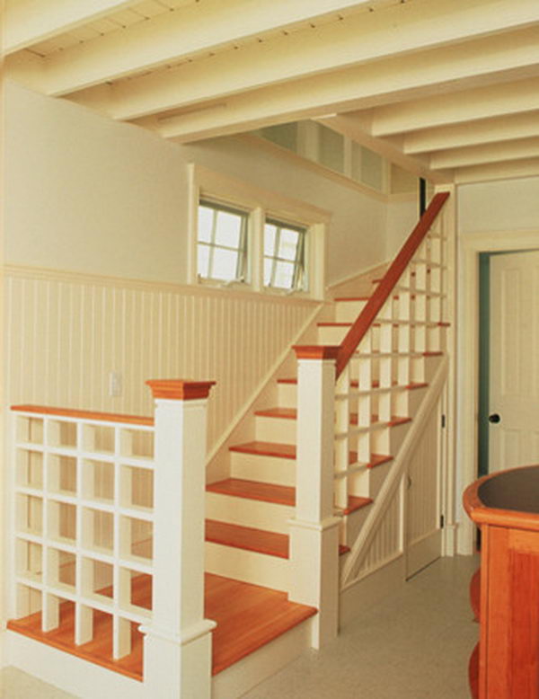 Small basement ceiling painting. Place a bead board between the floor beams and paint it white to brighten the room.