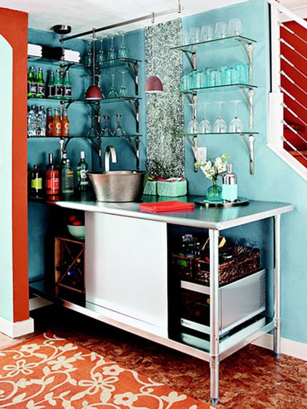 Open bar. This is a DIY industrial look bar with open shelves.