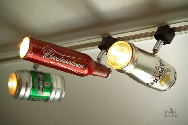 Recycled beer can track lighting. With a little imagination and creativity, you can use beer cans to create surprisingly interesting beer can track lights.