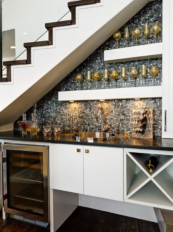 Wine bar under the stairs.