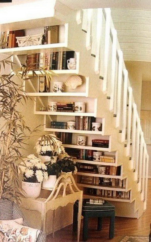Space-saving shelves under the stairs.