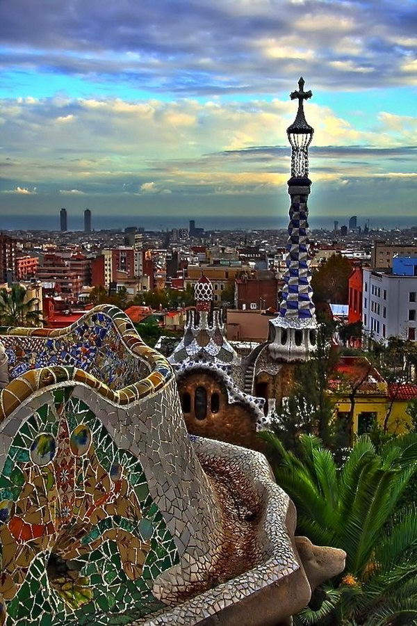 Park Güell (Barcelona, ​​Spain). A unique landscape with unique mosaic patterns that are integrated into the landscape stairs, magnificent caves and the Gaudí Museum.