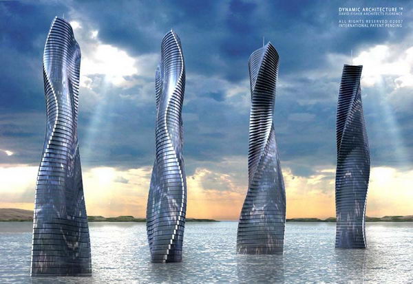 Dynamic tower (Dubai). It changes in sun, wind, weather and view by rotating each floor independently. This building will never show exactly the same thing twice.