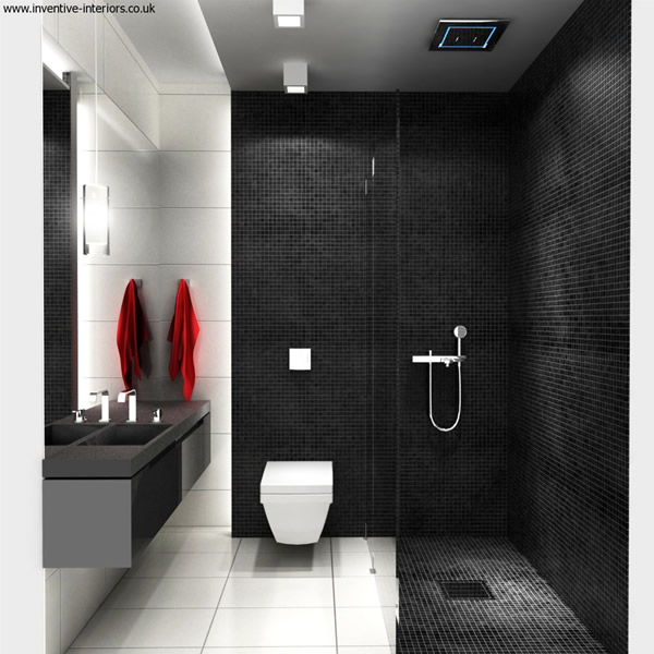 Black and white interior design of small bathroom