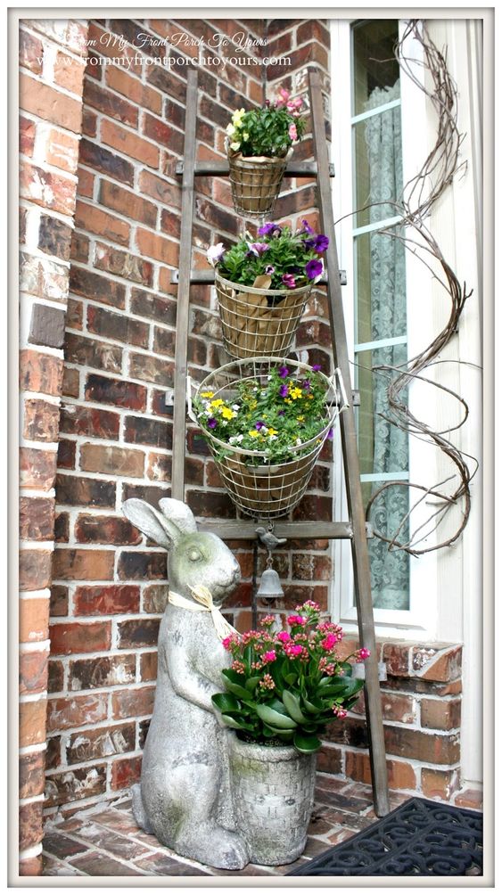 DIY wire basket planters and ladder plant stand. 