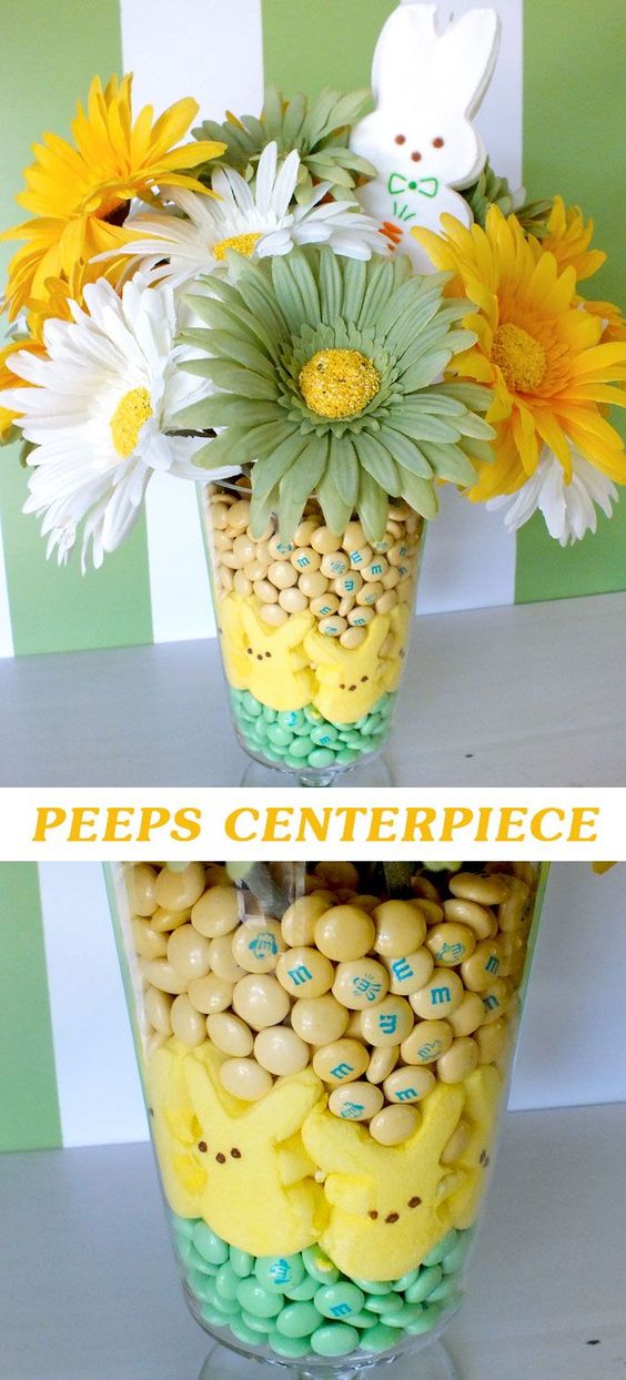 Easter peeps centerpiece with peeps, M & M's and flowers. 