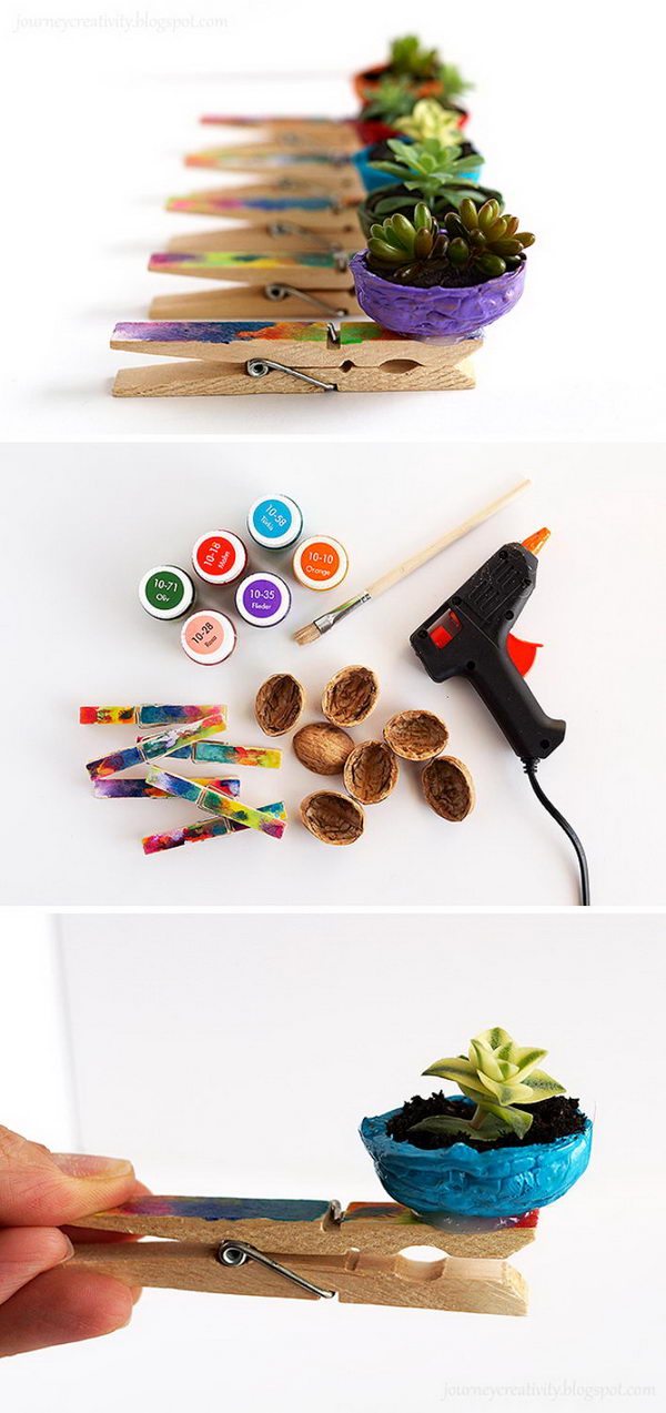 DIY nut ​​pots with nutshells and clothespins. 