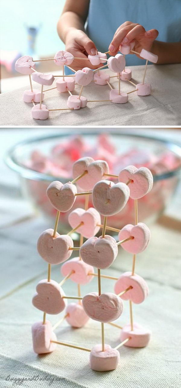 Heart marshmallow toothpick structures. 