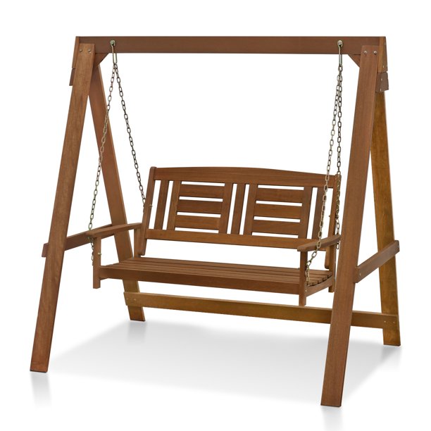 Tioman Hardwood Hanging Porch Swing with Stand in Teak Oil .