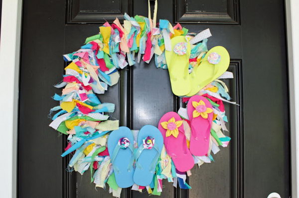 Scraps of fabric and flip flop wreath. 