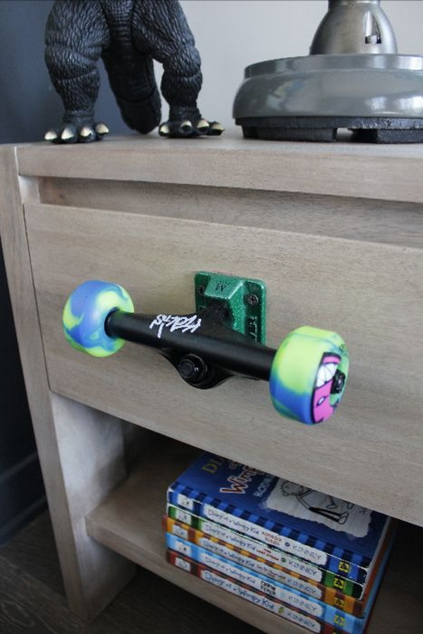 Recycled Skateboard Wheels Drawer Pull. What a cool teen bedroom idea! 