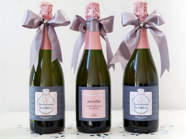 Bachelorette bubbles party idea. Give them a personalized bottle of wine or champagne as a gift or invitation. You can customize the print labels with the names of each guest.