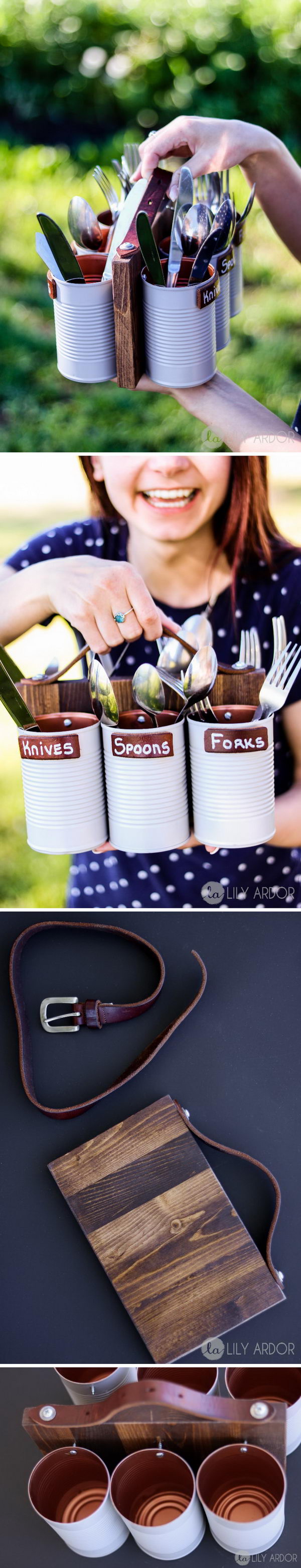 DIY cutlery Caddy with painted cans. 